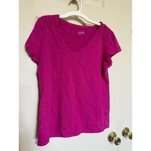 Columbia Womens Magenta Pink Slub V-Neck Tee Pleated Shoulder Short Sleeve M